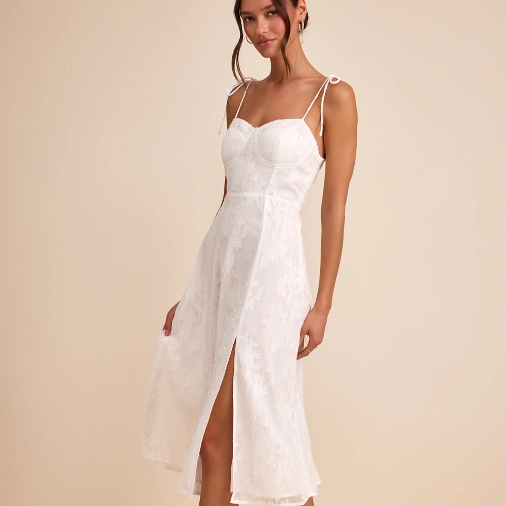 Lulu's White Floral-Embossed Tie-Strap Midi Dress - Picture 3 of 5